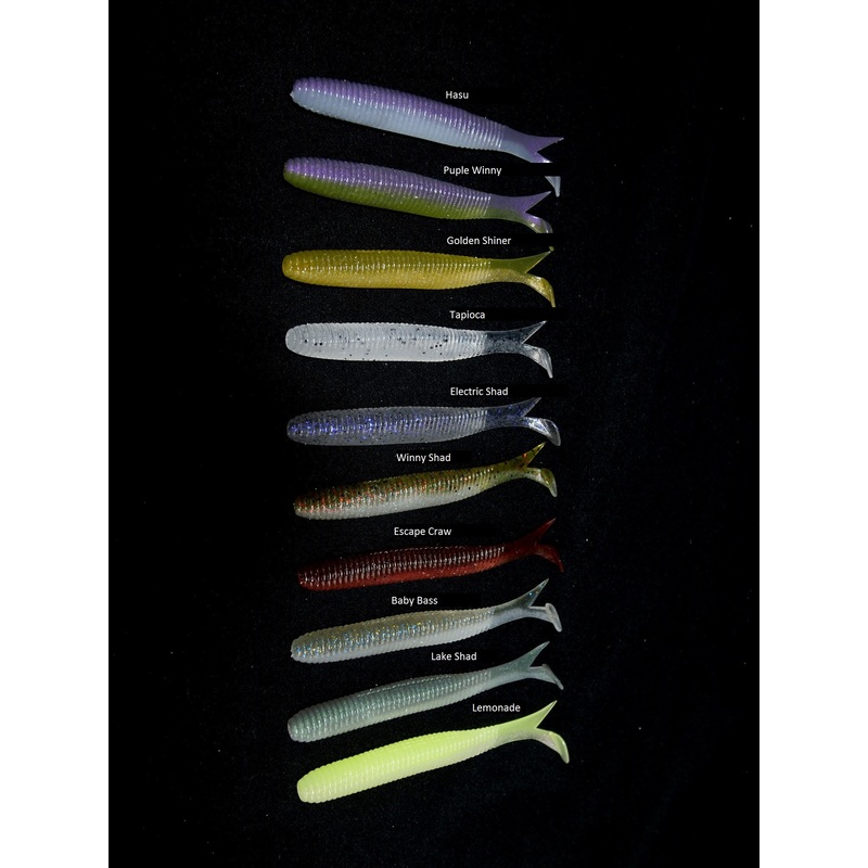 Cramp Shad|Hasu|Purple Winny|Golden Shiner|Tapioka|Electric Shad|Winny Shad|Escape Craw|Baby Bass|Lake Shad|Lemonade|4.5 inch