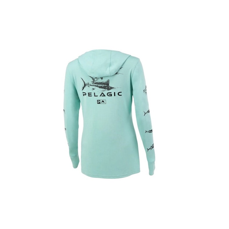 Pelagic Womens Ultratek Hooded Shirt Gyotaku Turquoise