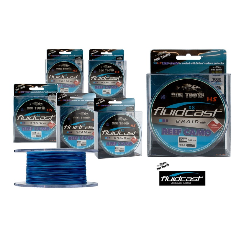 Fluidcast Braid X8 Reef Camo|20lb/9.1kg|30lb/13.7kg|50lb/22.8kg|65lb/29.6kg|80lb/36.4kg|100lb/45.5kg|300m – 329Yds|400m – 438Yds|2000m – 2188Yds