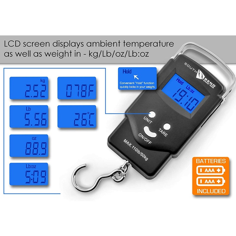 SOUTH BEND DIGITAL HANGING FISH SCALE W/ TAPE MEASURE 110 WEIGHT CAPACITY