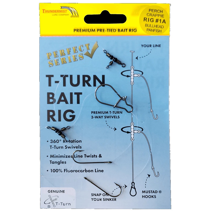 Thundermist T-Turn Bait Rig||1A – Panfish/Bullhead/Crappie||1A-6-G – Panfish/Bullhead/Crappie||2A – Walleye/Bass/Freshwater Gamefish||3A – Porgy/Croaker/Spot||4A – Saltwater Gamefish||5B – Carp (Octopus Hook)||6B – Carp (Circle Hook)||7B – Channel Catfish