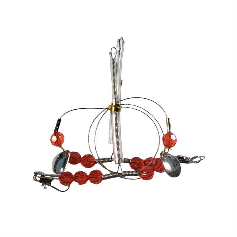 Three D Panfish Rig|2 Arm/ Wire Red Bead|2 Arm/ Fluorocarbon Pearl Purple Bead|3 Arm/ Wire Green Bead