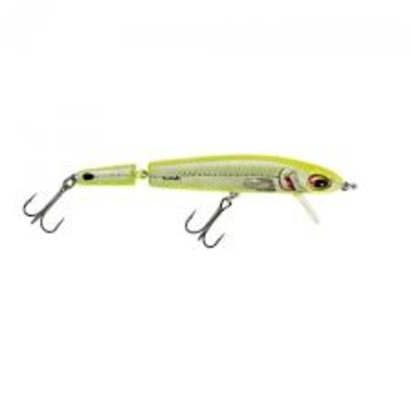 Bomber – Jointed Wake Minnow|CHARTREUSE HERRING|CHROME/BLACK BACK|GREEN MACKEREL|MULLET|RAINBOW TROUT|5 3/8″