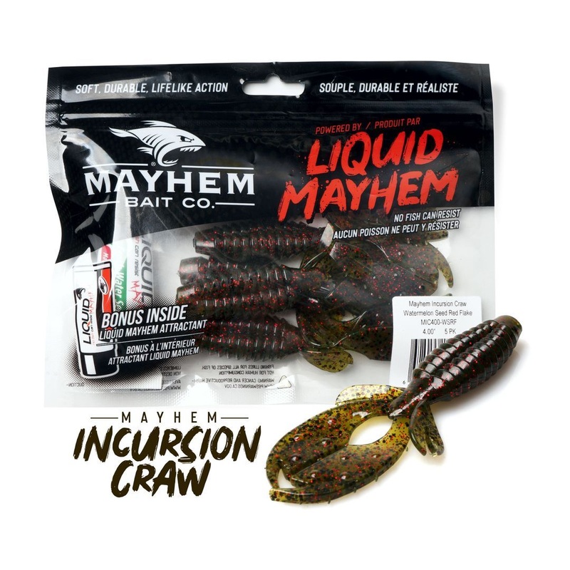 LIQUID MAYHEM INCURSION CRAW|4″|GREEN PUMKIN|WATERMELON SEED RED FLAKE|BLACK NEON|ORANGE SWIRL|GREEN PUMKIN WATERMELON LAM|BLACK/BLUE ELECTRIC BLUE LAM