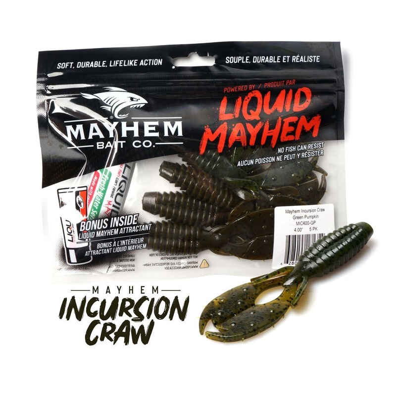 LIQUID MAYHEM INCURSION CRAW|4″|GREEN PUMKIN|WATERMELON SEED RED FLAKE|BLACK NEON|ORANGE SWIRL|GREEN PUMKIN WATERMELON LAM|BLACK/BLUE ELECTRIC BLUE LAM
