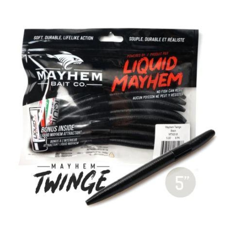 LIQUID MAYHEM TWINGE|GREEN PUMPKIN|BLACK|GREEN PUMPKIN CHARTREUSE TIP|BLACK/BLUE ELECTRIC BLUE LAM|WATERMELON SEED RED FLAKE