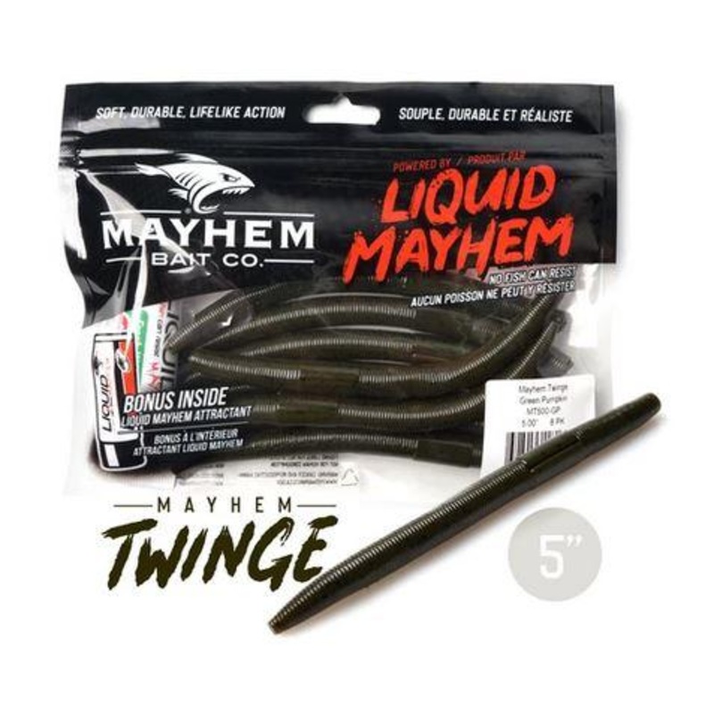 LIQUID MAYHEM TWINGE|GREEN PUMPKIN|BLACK|GREEN PUMPKIN CHARTREUSE TIP|BLACK/BLUE ELECTRIC BLUE LAM|WATERMELON SEED RED FLAKE