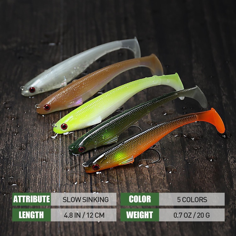TRUSCEND 5 Packs Power Bass Fishing Lures, Soft Swimbait Paddle Tail Lures with Pre-Rigged BKK Hook, Slow Sinking Swimming Jerking Bass Baits for Bass Trout Pike Fishing Fishing Gifts for Men 5in/0.7(WM)
