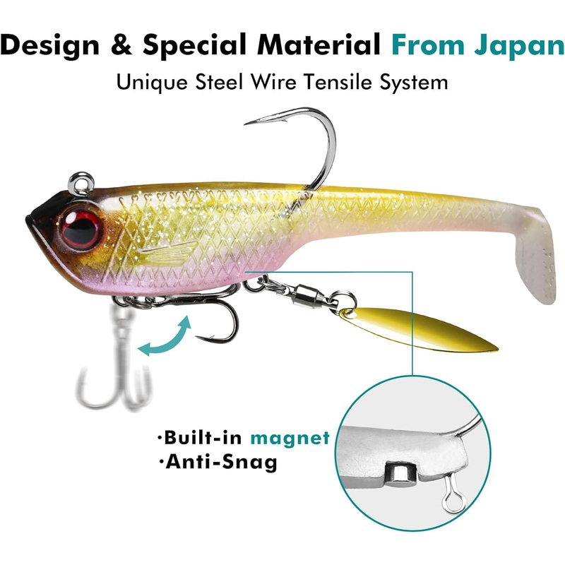 TRUSCEND 6 Packs Bass Fishing Jigs, Soft Fishing Lures Paddle Tail Spinner Baits with Handmade Lead Heads for Bass Trout Walleye Musky Gifts for Men Dad 3.2in/0.6oz(WM)