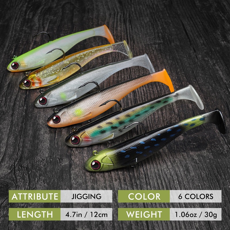 TRUSCEND 6 Packs Bass Fishing Lures, Soft Swimbait Paddle Tail Lures with Pre-Rigged Hook Freshwater Saltwater Fishing Baits Fishing Gear for Bass Trout Walleye, Crappie Fishing Jigs 4.7in/1oz(WM)