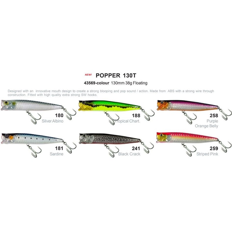 Molix popper 130T|Silver Albino|Black Crack|Sardine|Purple orange belly|Striped pink