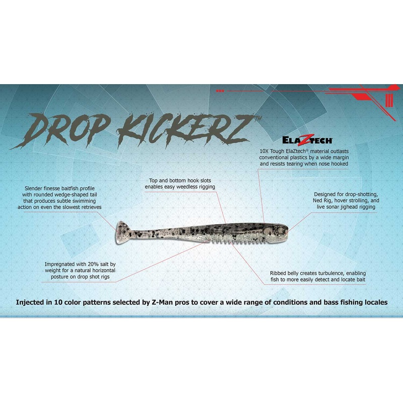 Z-Man Drop KickerZ|2.75″|3.5″|Bad Shad|Coppertreuse|Electric Shad|Green Pumpkin|Green Pumpkin Goby|Gussy’s Glimmer Blue|Shiner|Smelt|The Deal|Twilight