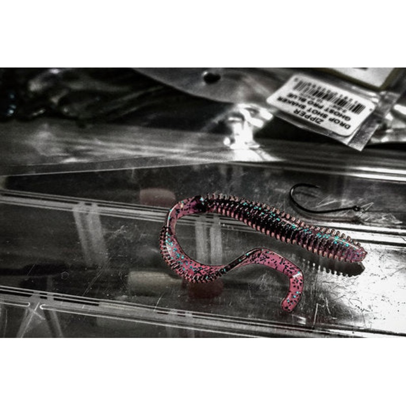 Zipper Drop Shot Curly Shaker|Aaron’s Magic|Ghost Pro Blue|Green Pumpkin|Green Pumpkin Purple Flake|June Bug|Kawaguehi Shrimp (kuh-wee-gee)|Smoke Blue Purple|Watermelon|Watermelon Red