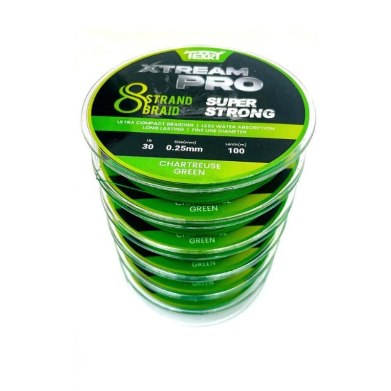 Terry Xtream Pro 8 Strand Braided Fishing Line | 100Mt / 110Yd | Chartreuse Green | 6 Connected Spools |