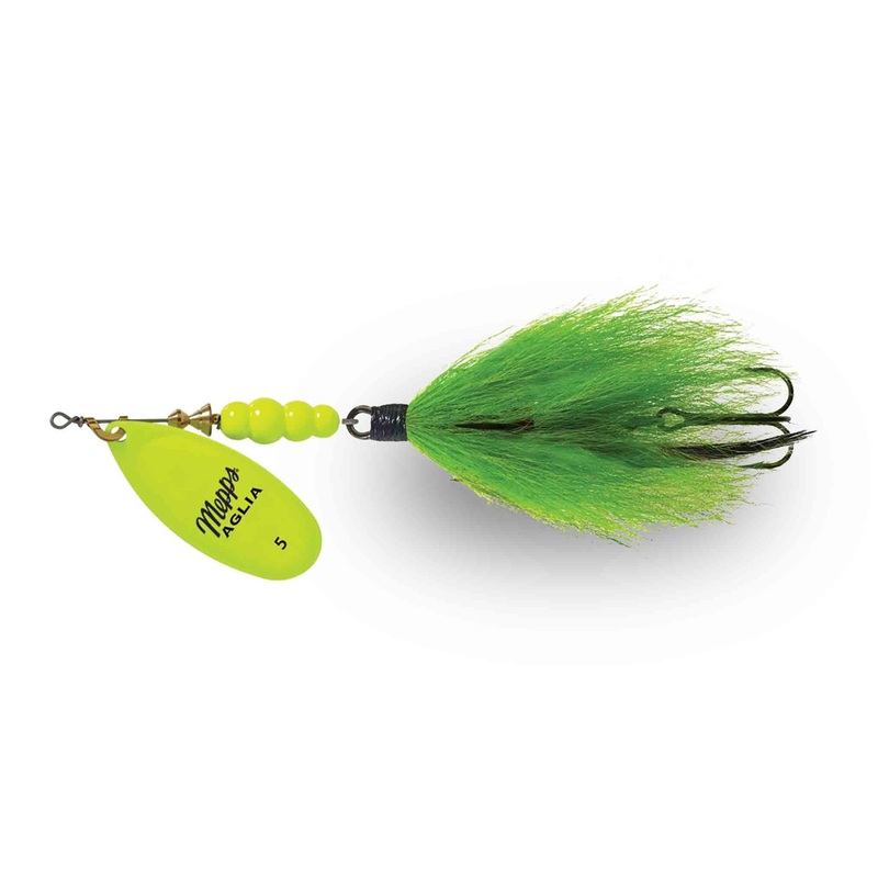 Mepps Aglia Tandem Bucktail|Chartreuse / Chartreuse Tail|Gold / Black / Orange|Fire Tiger / Fire Tiger|Glow / White Tail
