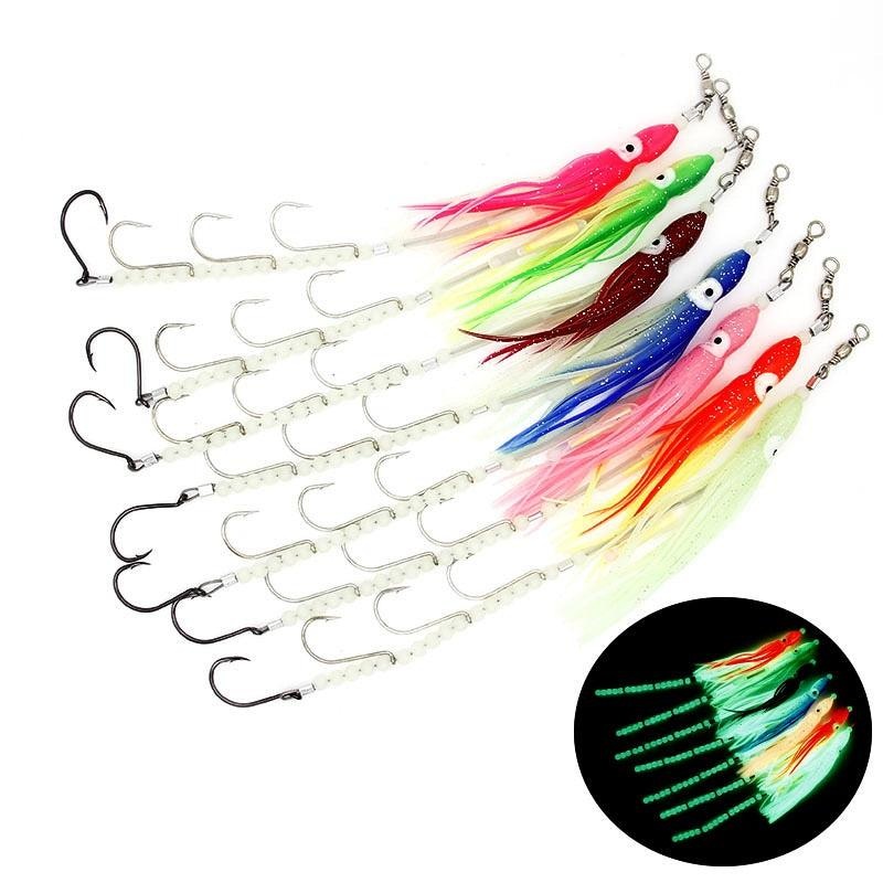 Dr.Fish Luminous Octopus Squid Lure with String Hooks 3/0#-5/0#