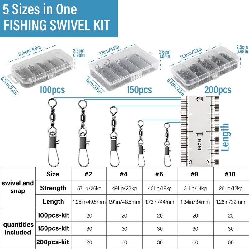 Dr.Fish 100/150/200pcs Barrel Swivels Kits 26-57lb