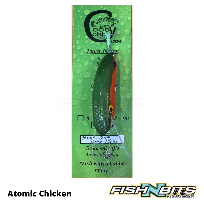 Cooby Cobba – Bass Trap|Atomic Chicken|Barred Grunter|Cod|Tree Frog|Purple 101|Purple Slayer|Fluro green purple|Kingfisher|White Pearl|Rosella|Condamine Yellow|Gold On Black|Purple Gold Bandit|Black|Golden Sunset|Red Pepper|Spangled Perch|Pink Candy|Opal|