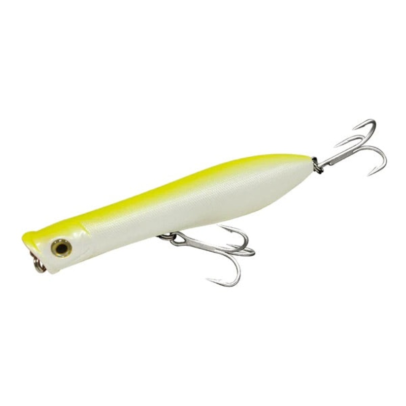 Tsunami – Talkin’ Popper|5in – 1 3/8 oz|6in – 2 1/4 oz|Chartreuse White with Red Gill Eye|Bone with Spot/Red Gill Eye|Green Mackerel|Silver Back/Clear|Electro School Bus|Bunker|Wonder Bread|Black Back/Green/White|Floating