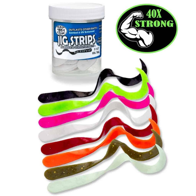 Fat Cow – Eel Tail Jig Strips|5.5in – 8pk|9in – 3pk|Chartreuse|Hot Bubblegum|Ghost White|Blood Red|Glow|Sand Eel|Salmon Blaze|Black