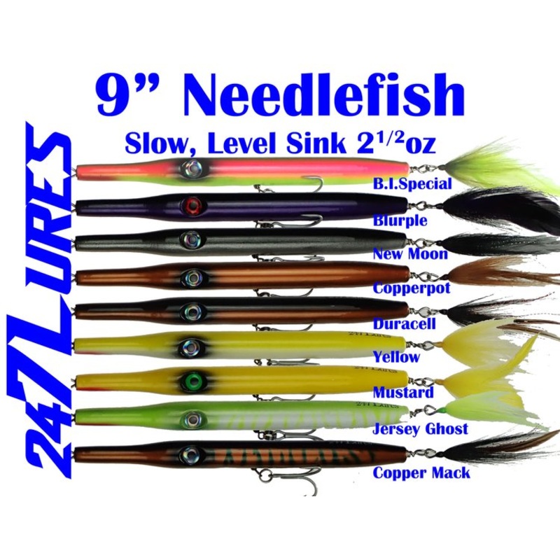 24/7 Lures – 9in Needlefish|9in – Approximately 2.5oz|Slow Sink (Level Sink)|Squibby Eel|Blurple|Yellow|Olive|Midnight Mack|Parakeet
