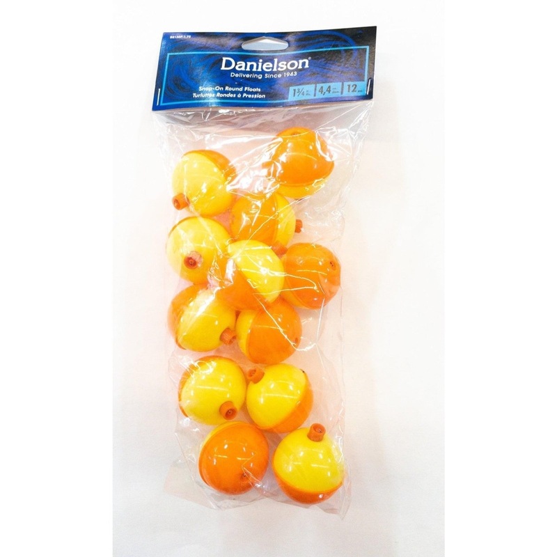 Danielson Snap On Floats|1.75″ Yellow/Orange QTY 12|0.75″ Yellow/Orange Qty 3|1-1/4″ Red White Qty 3|1-3/4″ Qty 2|2″ Red/White Qty 12|Assorted Sizes Red/White Qty 10