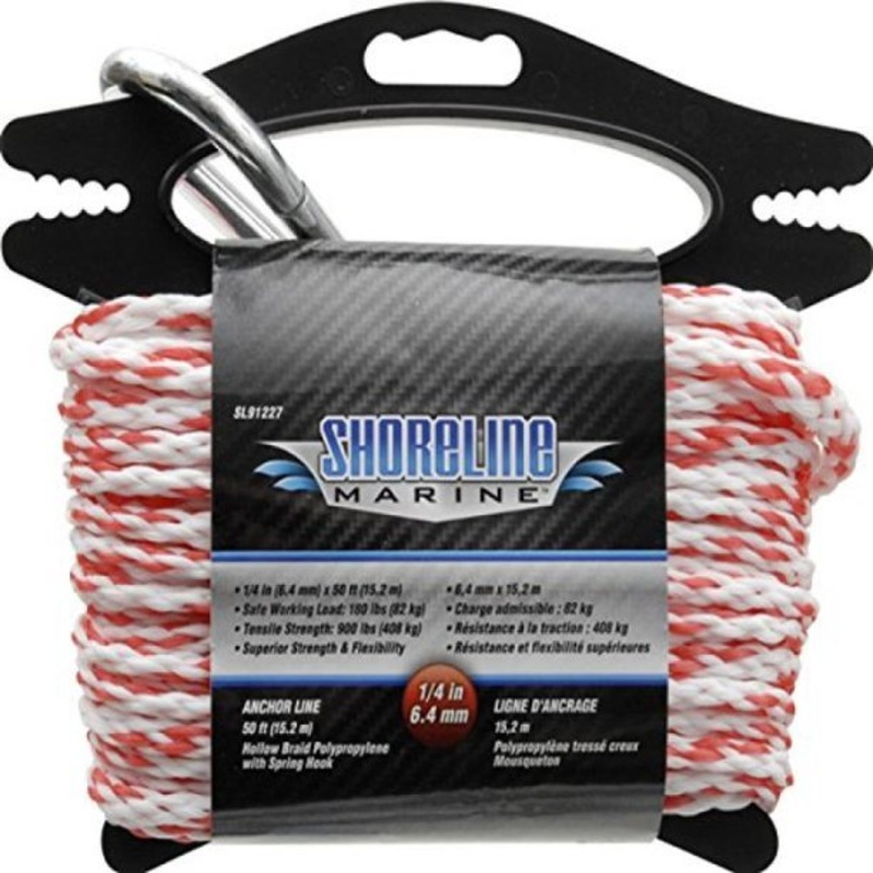 Shoreline Marine Grade Polypropylene Anchor Line 1/4 X 50′ WHT/RED
