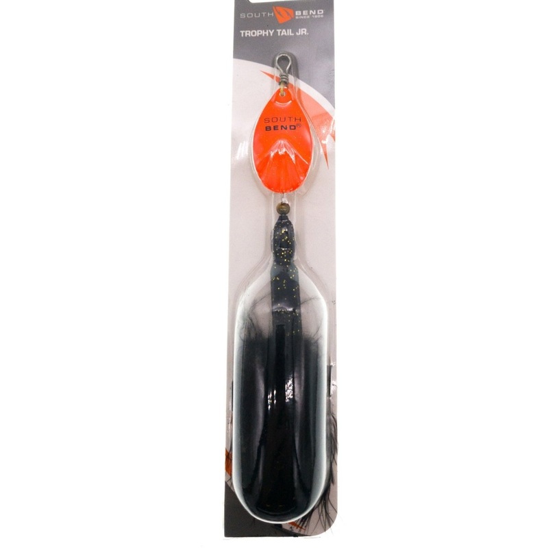 South Bend Trophy Tail JR 7.5|Black/Red/Gold Blade|Black/Gold Flake/Orange Blade|White/Silver Flake/Silver Blade