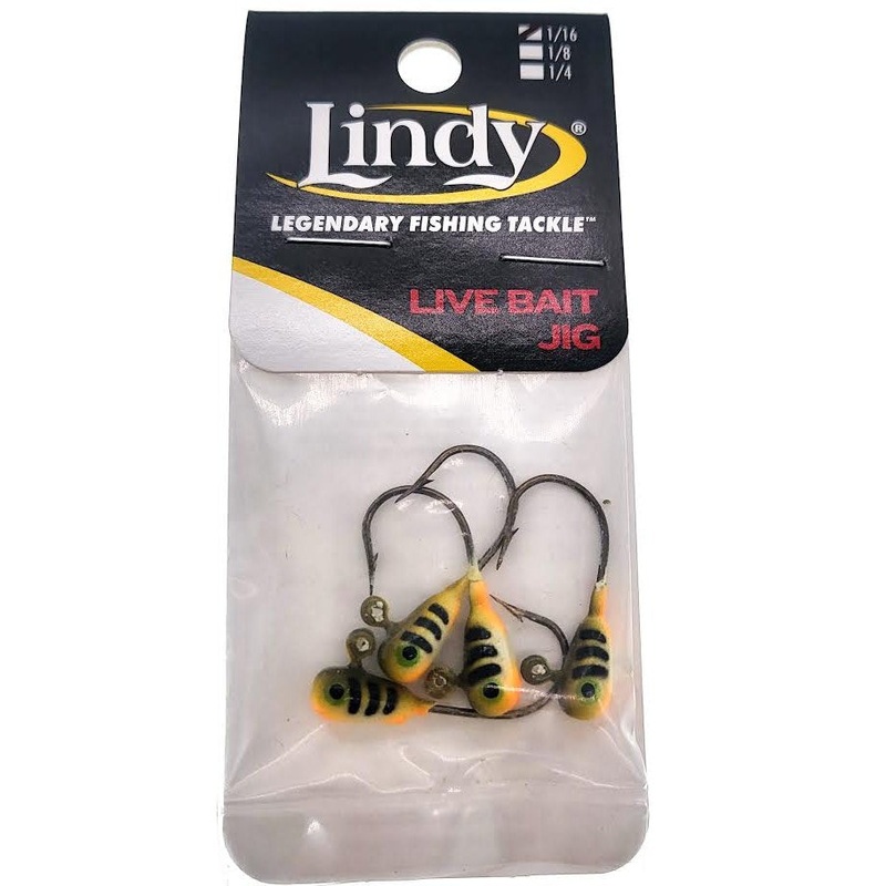 Lindy Live Bait Jigs Qty 4|1/16 Oz|1/8 Oz|1/4 Oz|Gold|Perch Glow|Chartreuse White Glo|Pink Glow Perch|Blue Glow Perch|Pearl White Glow|Green|Pink Glow|Glow|Hot Pink|Fluorescent Orange|Glow Perch